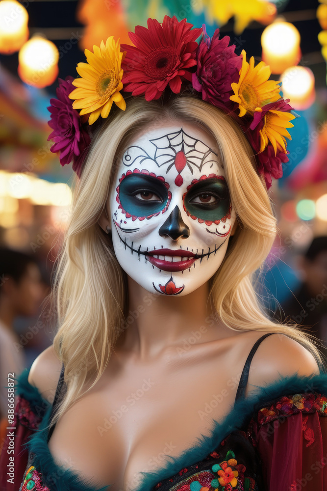 beautiful woman with painted skull on her face for Mexico's Day of the Dead beautiful woman with painted skull on her face for Mexico's Day of the Dead