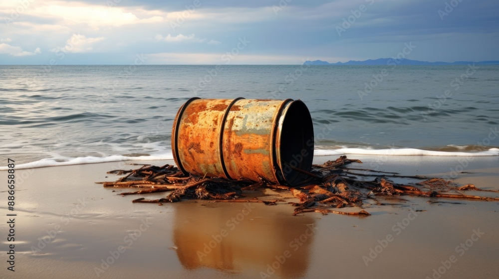 A photo of a discarded oil drum rusting on a beach A photo of a discarded oil drum rusting on a beach