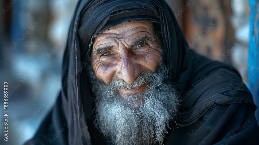 Smiling Eastern Orthodox Monk in Black Robe, Turban, and Long White Beard in Deep Thought About the Journey to Salvation Smiling Eastern Orthodox Monk in Black Robe, Turban, and Long White Beard in Deep Thought About the Journey to Salvation