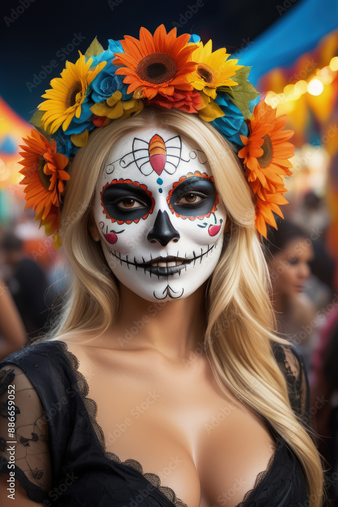 beautiful woman with painted skull on her face for Mexico's Day of the Dead beautiful woman with painted skull on her face for Mexico's Day of the Dead