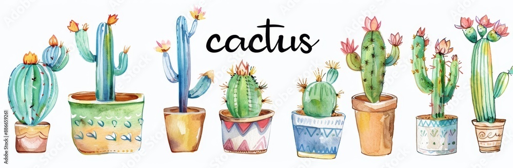 A watercolor painting of potted cacti. Set of cacti and succulents isolated on white. Perfect for stickers and greeting cards. A watercolor painting of potted cacti. Set of cacti and succulents isolated on white. Perfect for stickers and greeting cards.