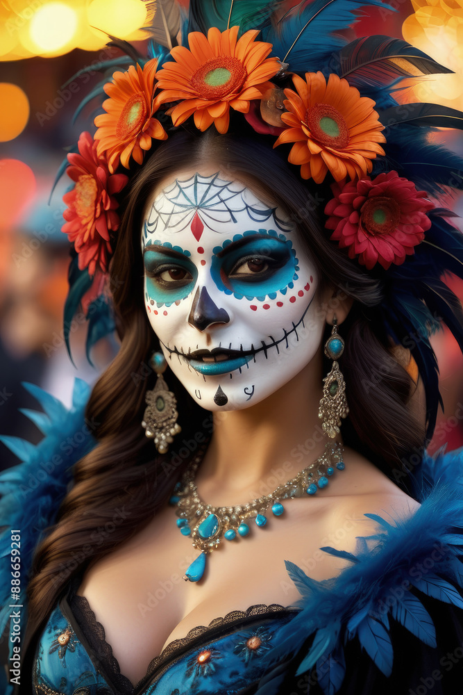 beautiful woman with painted skull on her face for Mexico's Day of the Dead beautiful woman with painted skull on her face for Mexico's Day of the Dead