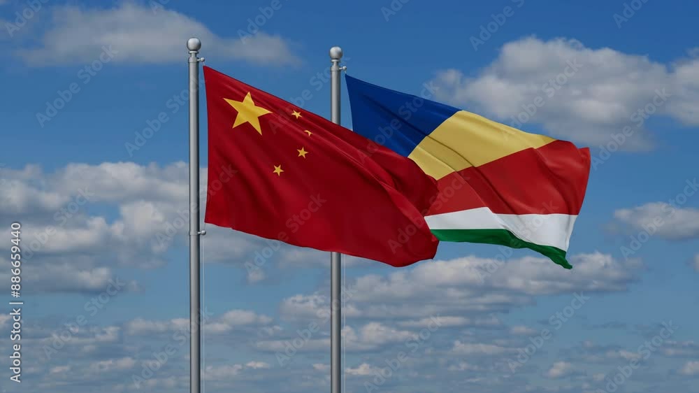 Seychelles and China flags flying together, video concept of the relationship, two country relations concept Seychelles and China flags flying together, video concept of the relationship, two country relations concept
