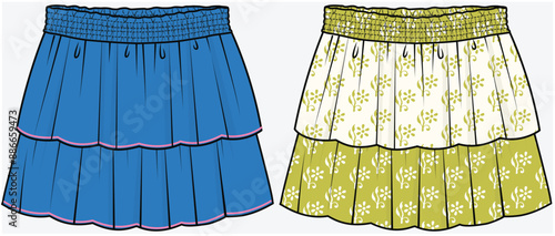 TIERED SKIRT WITH SMOCKING WAIST DETAIL DESIGNED FOR TEEN GIRLS AND KID GIRLS IN VECTOR FILE