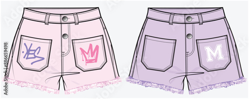 HIGH WAIST DENIM JEANS SHORTS WITH FRONT PATCH POCKET DETAIL DESIGNED FOR TEEN GIRLS AND KID GIRLS IN VECTOR FILE