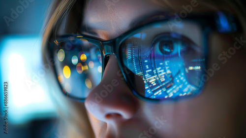 Wallpaper Mural Close-up of glasses reflecting data and colorful lights, representing technology. Torontodigital.ca