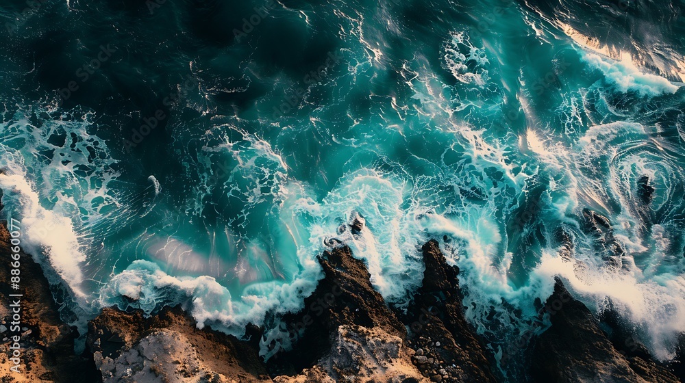 Aerial shot of serene ocean waves by a rocky shoreline, in pale teal and sandy brown, ultra HD, minimalist and bold Aerial shot of serene ocean waves by a rocky shoreline, in pale teal and sandy brown, ultra HD, minimalist and bold