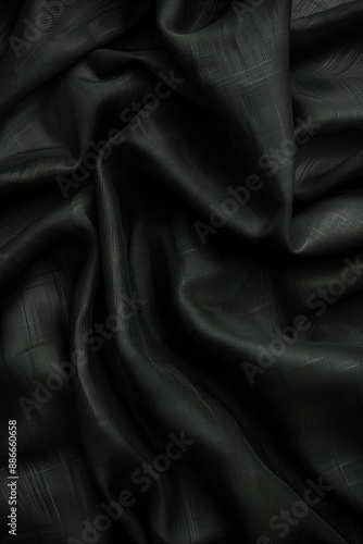 Black fabric with textured surface folded, revealing intricate pattern. Smooth, rough texture combination creates visually striking composition. Gray background contrasts with dark fabric.