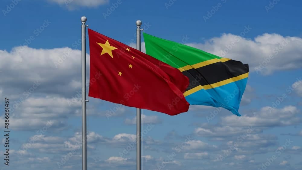 Tanzania and China flags flying together, video concept of the relationship, two country relations concept Tanzania and China flags flying together, video concept of the relationship, two country relations concept