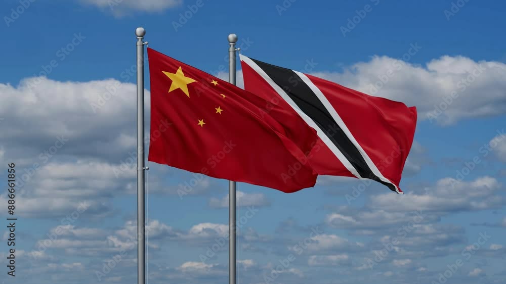 Trinidad and Tobago and China flags flying together, video concept of the relationship, two country cooperation concept Trinidad and Tobago and China flags flying together, video concept of the relationship, two country cooperation concept