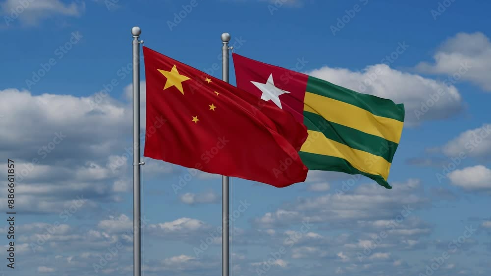 Togo, Togolese Republic and China flags flying together, video concept of the relationship, two country cooperation concept Togo, Togolese Republic and China flags flying together, video concept of the relationship, two country cooperation concept