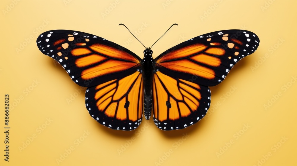 Naklejka premium A vibrant orange Monarch butterfly with black veins,