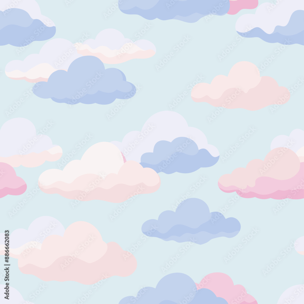 A seamless pattern featuring pink and blue clouds on a blue background A seamless pattern featuring pink and blue clouds on a blue background