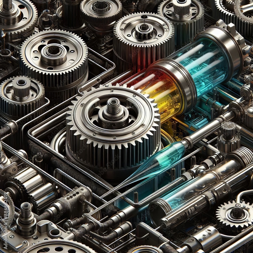 Detailed 3d background of futuristic mechanisms, gears with machine oil between them, wires, transparent tubes with colored liquid Detailed 3d background of futuristic mechanisms, gears with machine oil between them, wires, transparent tubes with colored liquid