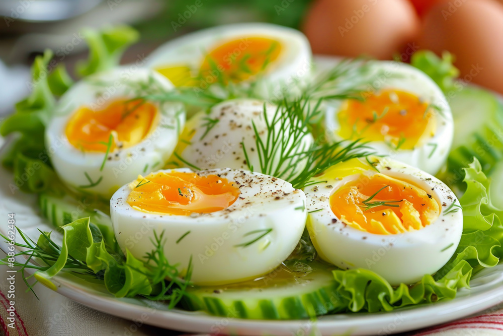 A plate of eggs and cucumber slices with a sprinkle of salt and pepper A plate of eggs and cucumber slices with a sprinkle of salt and pepper