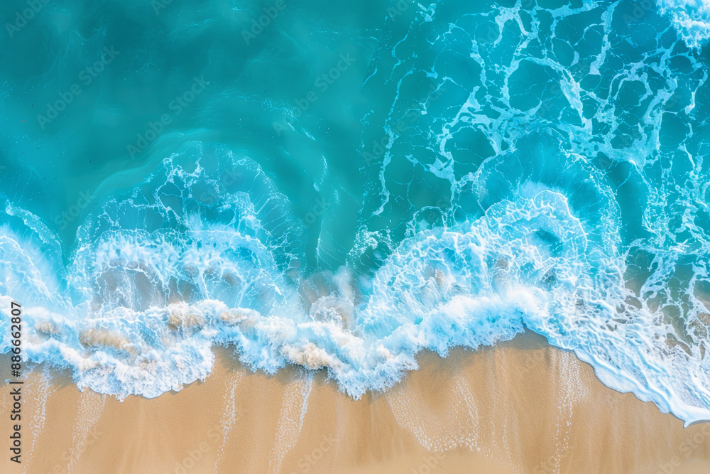 The ocean is calm and blue, with white foam on the shore The ocean is calm and blue, with white foam on the shore