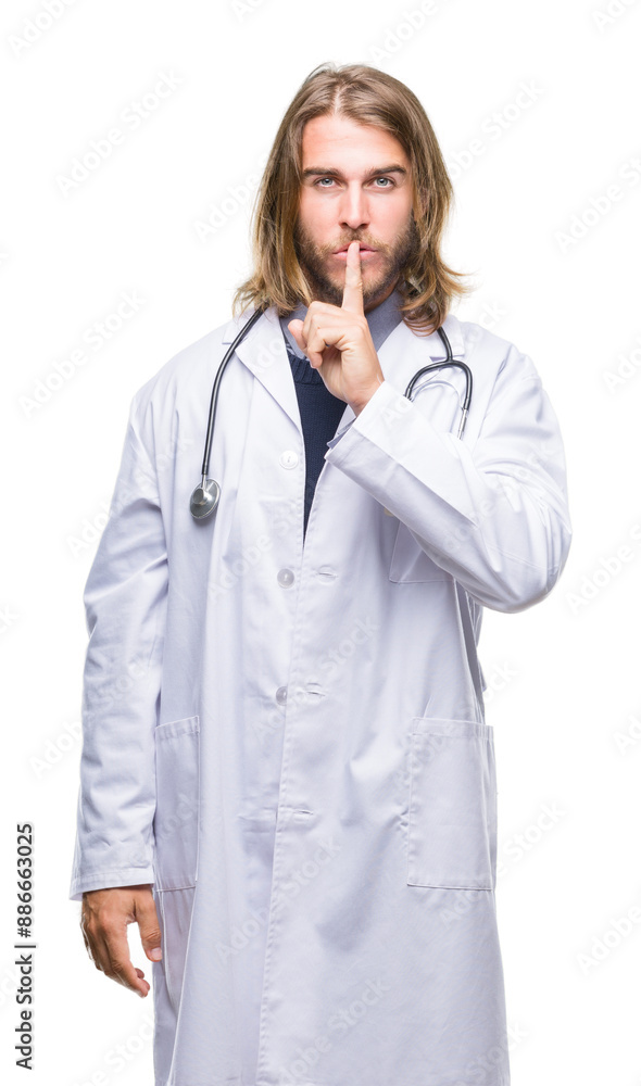 Young handsome doctor man with long hair over isolated background asking to be quiet with finger on lips. Silence and secret concept. Young handsome doctor man with long hair over isolated background asking to be quiet with finger on lips. Silence and secret concept.