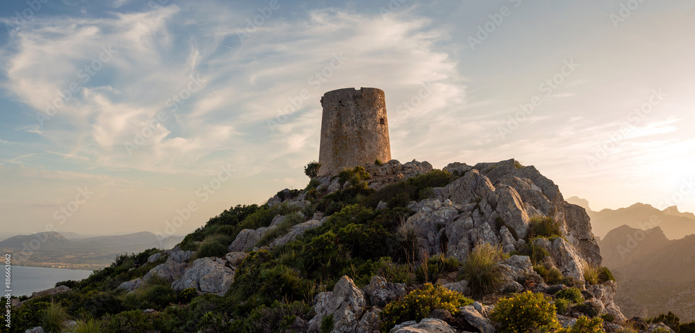 Talaia de Abercutx watchtower at sunset, Serra de Tramuntana, Formentor Peninsula, Majorca, Balearic Islands, Spain Talaia de Abercutx watchtower at sunset, Serra de Tramuntana, Formentor Peninsula, Majorca, Balearic Islands, Spain