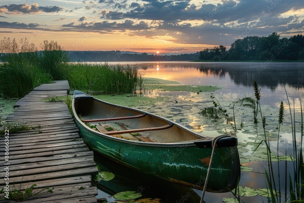 Obraz premium Sunrise Over the Lake with a Canoe at the Dock