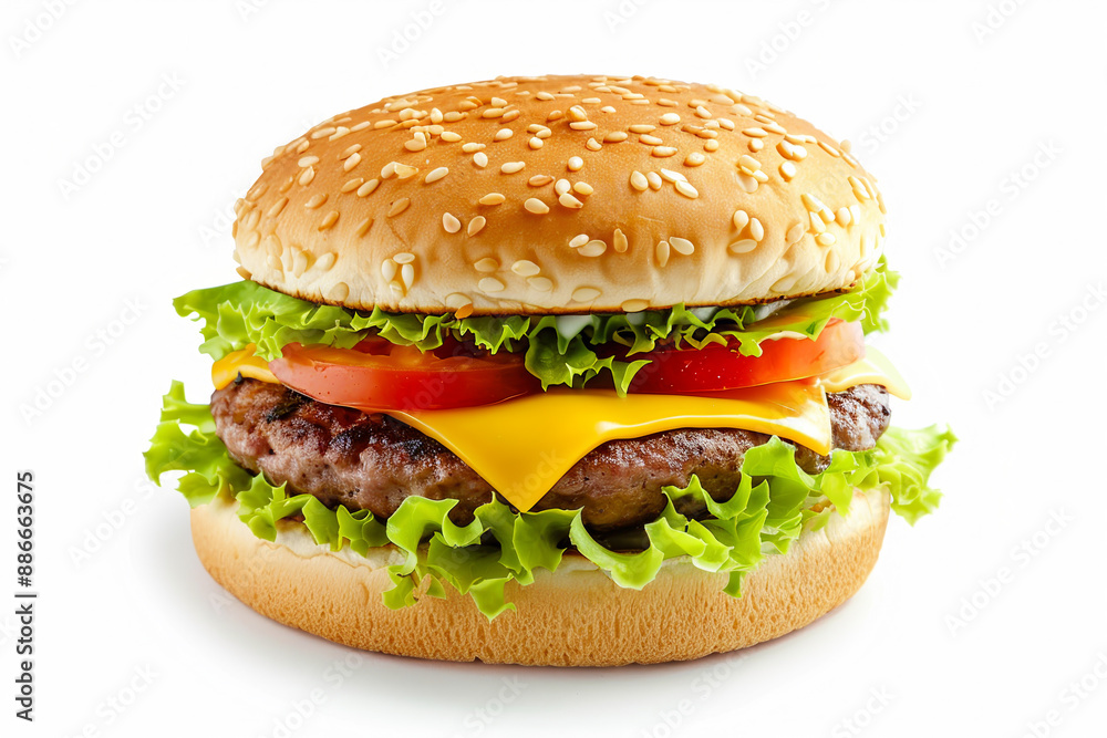 A hamburger with cheese and lettuce on a bun A hamburger with cheese and lettuce on a bun