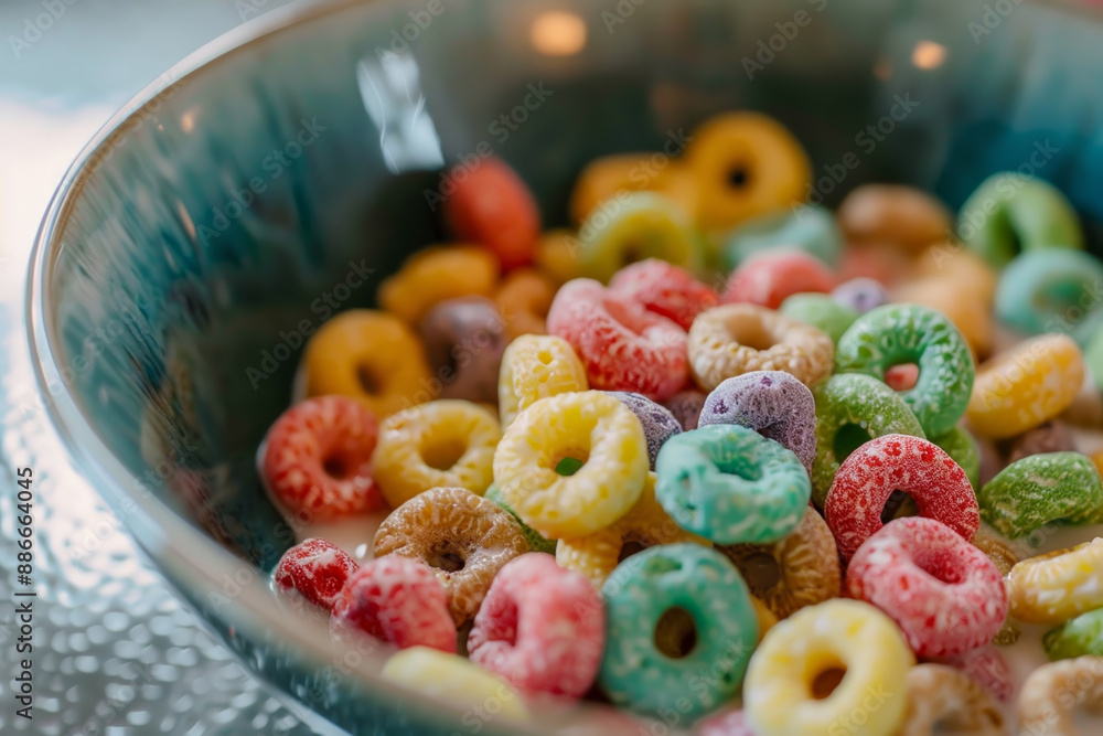 A bowl of cereal with blue and green flowers on the side A bowl of cereal with blue and green flowers on the side