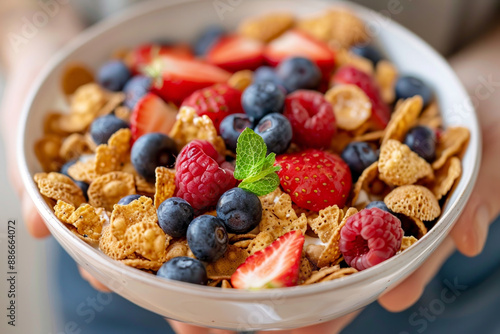 A bowl of cereal with blueberries, strawberries, and raspberries