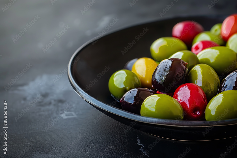 A black bowl filled with green, red, and yellow olives A black bowl filled with green, red, and yellow olives