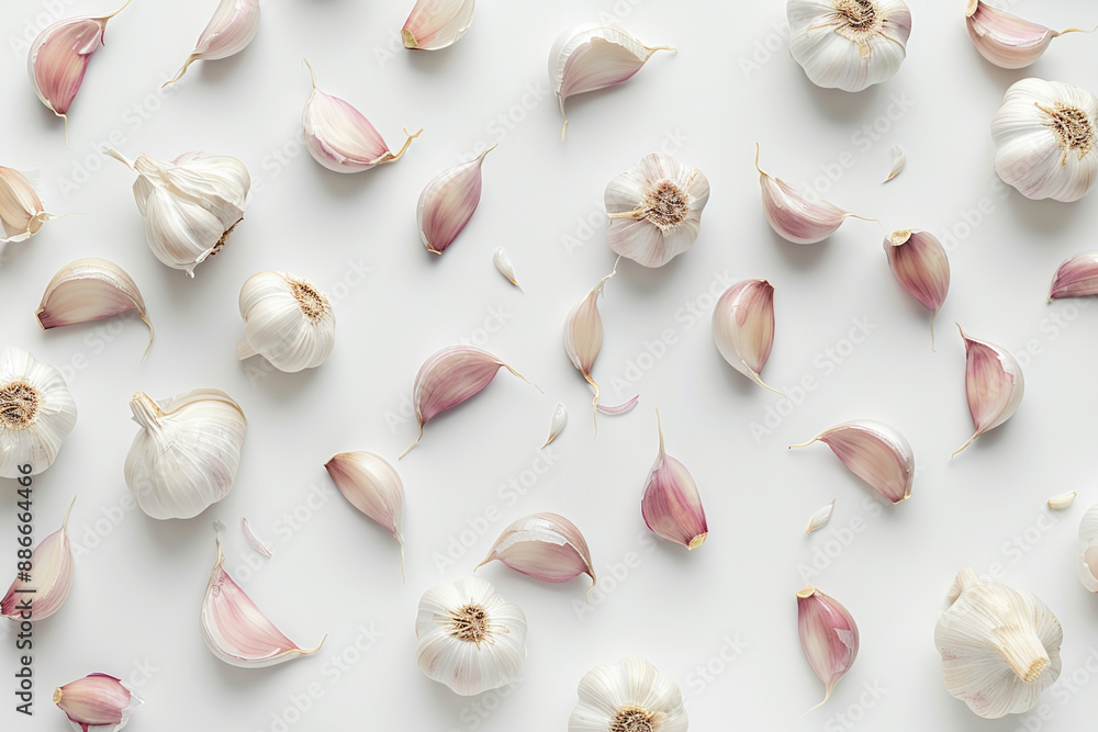 A close up of garlic cloves on a white background