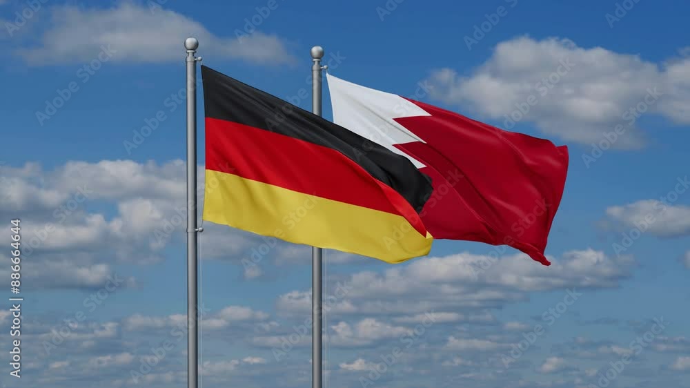 Bahrain and Germany flags flying together, video concept of the relationship, two country relations concept Bahrain and Germany flags flying together, video concept of the relationship, two country relations concept