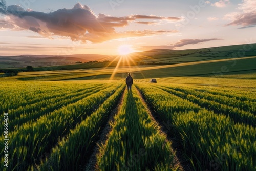 Sunset Over a Green Field with a Single Figure