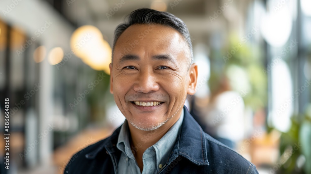 Smiling MiddleAged East Asian Man in Casual Attire at Modern Workspace with Warm Lighting Smiling MiddleAged East Asian Man in Casual Attire at Modern Workspace with Warm Lighting