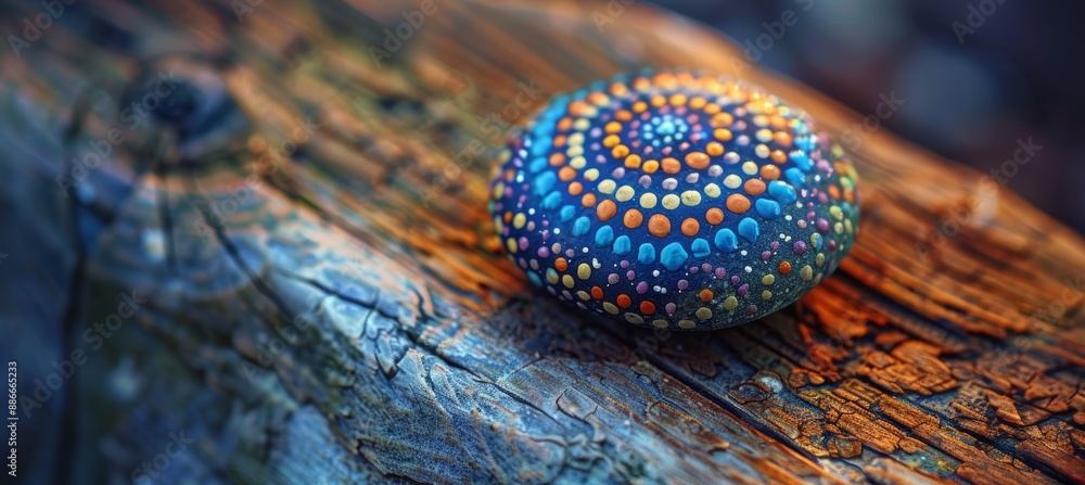 Obraz premium Hand-Painted Stone with Intricate Mandala Design on Wooden Surface, Perfect for Decor or Meditation