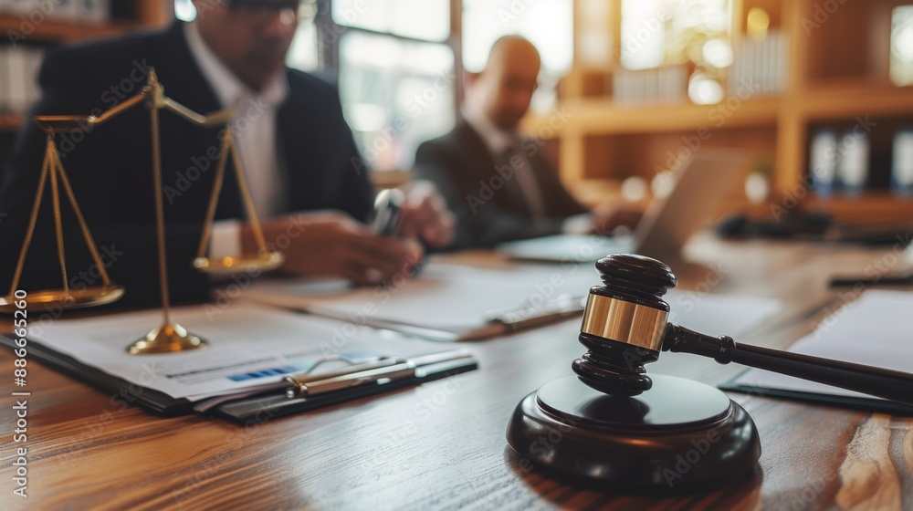 A legal consultant attentively discussing contract terms with a client in a modern courtroom office setting A legal consultant attentively discussing contract terms with a client in a modern courtroom office setting