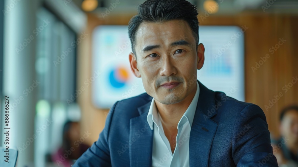 Asian businessman discussing terms with clients during a boardroom meeting, with a presentation screen in the background displaying Asian businessman discussing terms with clients during a boardroom meeting, with a presentation screen in the background displaying