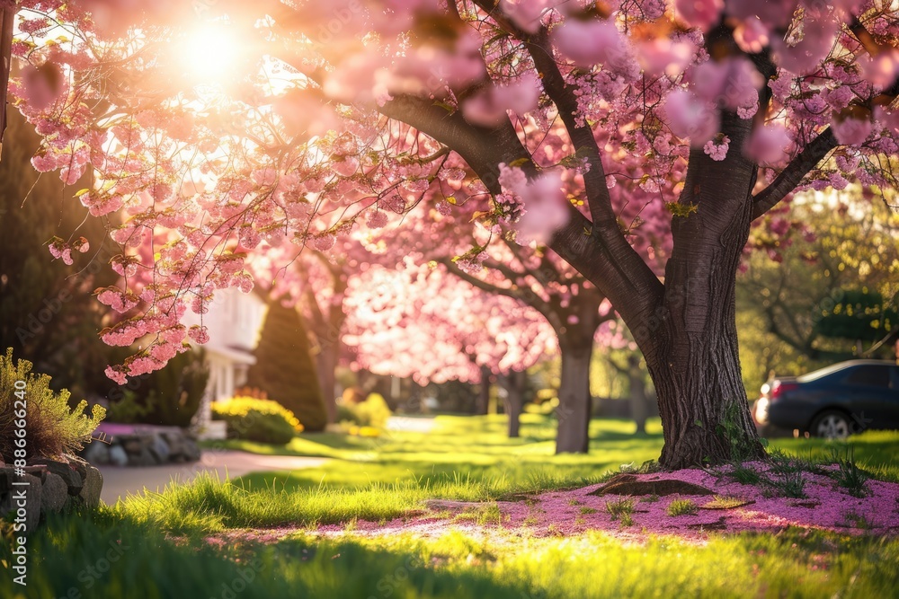 Pink Blossom Tree in a Sunlit Spring Landscape Pink Blossom Tree in a Sunlit Spring Landscape