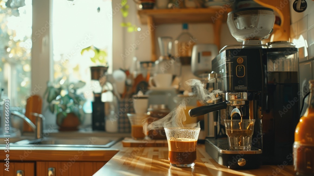 Fototapeta premium Cup under a coffee maker, kitchen table setup for a fresh espresso, morning coffee routine