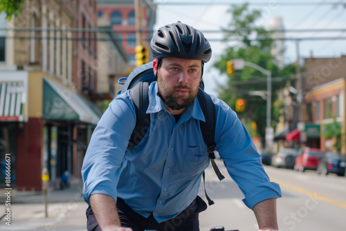 A man wearing a helmet and a blue shirt is riding a bicycle down a street