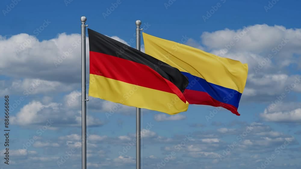 Colombia and Germany flags flying together, video concept of the relationship, two country cooperation concept Colombia and Germany flags flying together, video concept of the relationship, two country cooperation concept