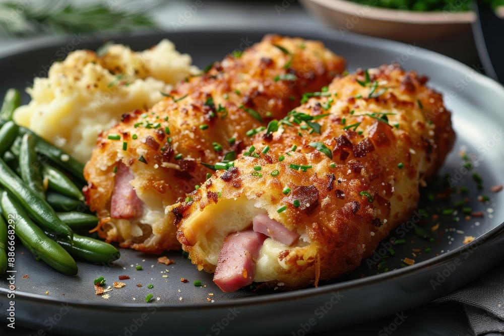 Cordon Bleu A crispy, golden Cordon Bleu with ham and cheese filling. Served with a side of mashed potatoes and green beans. Cordon Bleu A crispy, golden Cordon Bleu with ham and cheese filling. Served with a side of mashed potatoes and green beans.