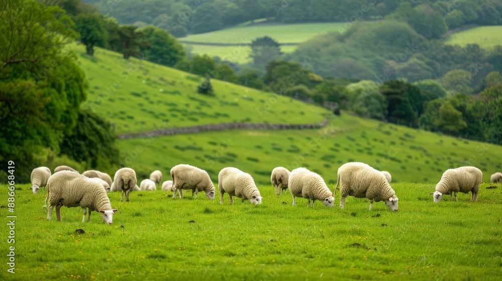 An English country side magnificent view. A group of sheep eating grass in green meadow. An English country side magnificent view. A group of sheep eating grass in green meadow.