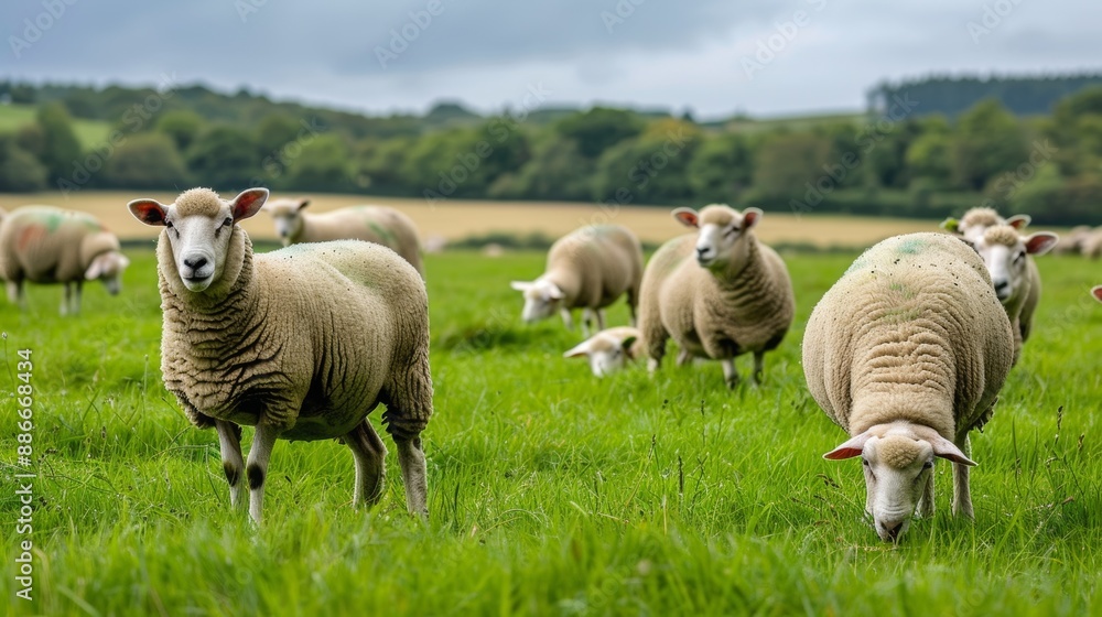 An English country side magnificent view. A group of sheep eating grass in green meadow. An English country side magnificent view. A group of sheep eating grass in green meadow.