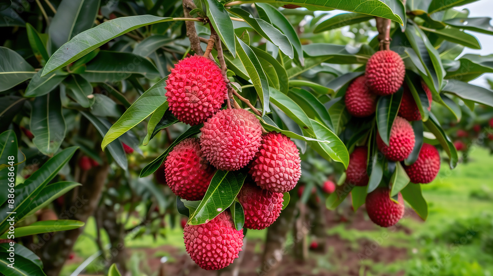 Ripe Lychee Fruits in a Lush Orchard with Rows of Trees Ripe Lychee Fruits in a Lush Orchard with Rows of Trees
