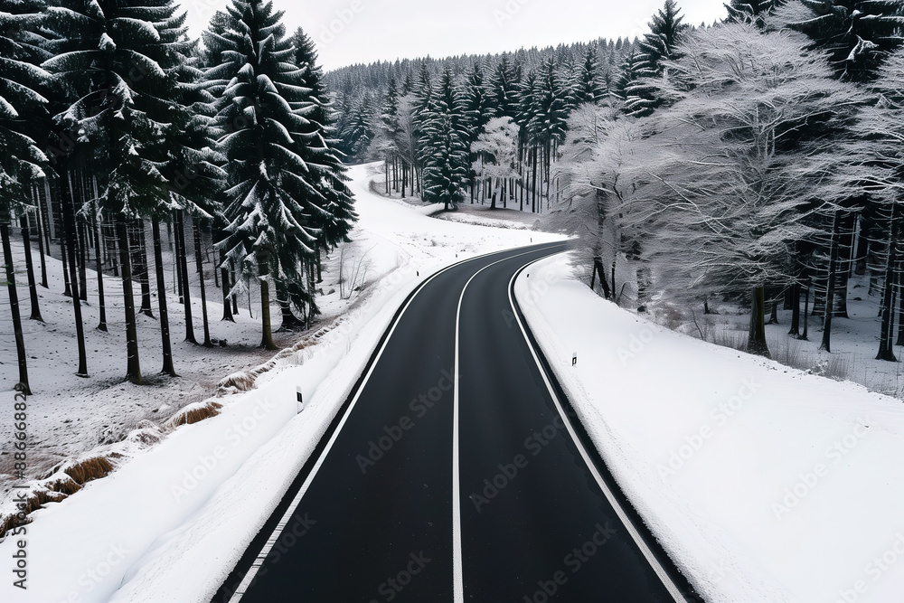 Obraz premium Snowy Forest Landscape with a Curving Road in Winter
