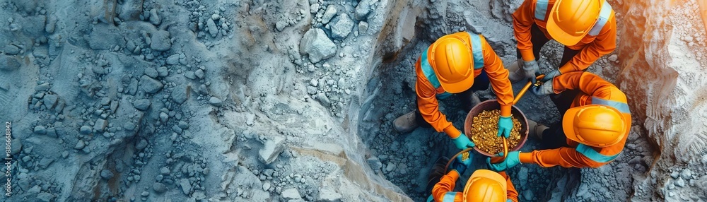 Gold mine workers extracting gold, industrial and rugged, gold ownership, source of wealth.