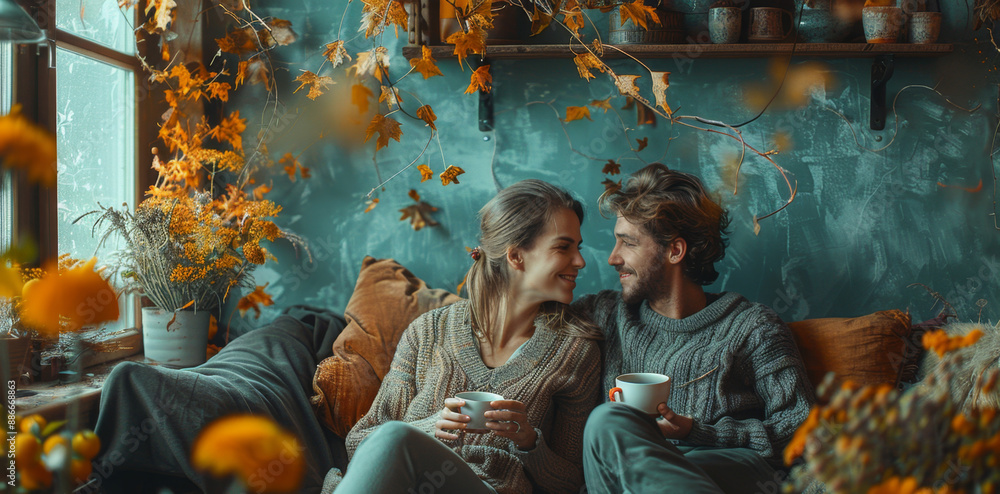 Naklejka premium A young couple sits on a couch, enjoying a warm beverage and the cozy atmosphere of their home, decorated with autumn foliage.