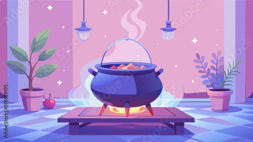 cast iron cauldron on the stove cooking on the fire interior of a kitchen 