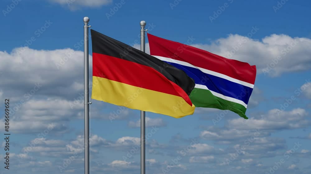 Gambia and Germany flags flying together, video concept of the relationship, two country relations concept Gambia and Germany flags flying together, video concept of the relationship, two country relations concept