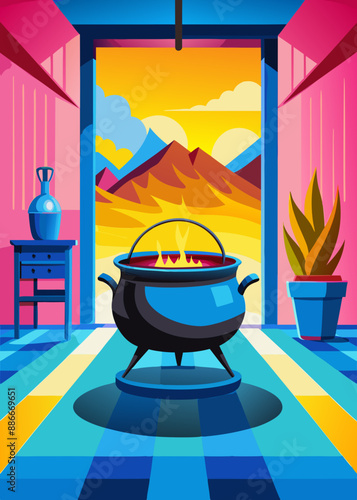 cast iron cauldron on the stove cooking on the fire interior of a kitchen 
