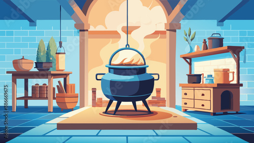 cast iron cauldron on the stove cooking on the fire interior of a kitchen 