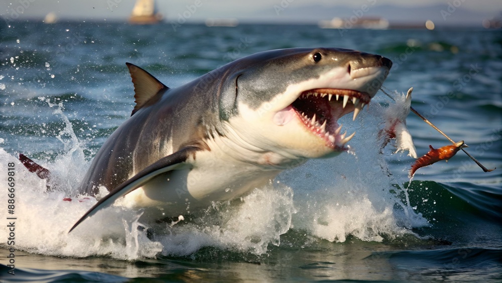 Great White Shark. Shark attacks the bait, slow motion. Scientific name: Carcharodon carcharias. South Africa. Great White Shark. Shark attacks the bait, slow motion. Scientific name: Carcharodon carcharias. South Africa.